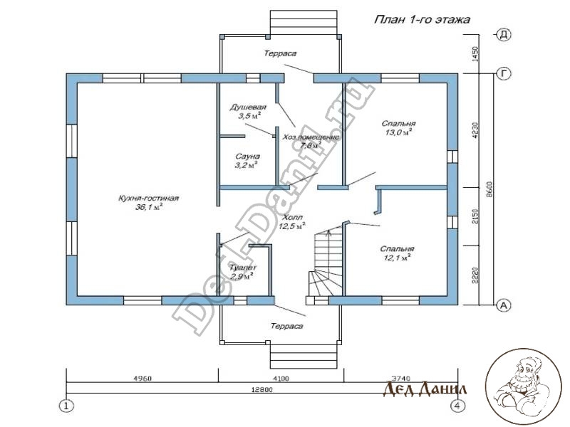 План 1 этажа каркасного дома с мансардой 137,3 м2