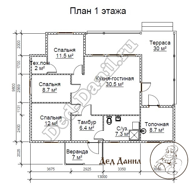 Планировка одноэтажного каркасного дома 11,8 на 13 метров