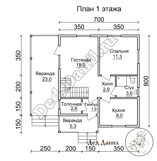 План 1 этажа каркасного двухэтажного дома 8,5 на 8,5 метра