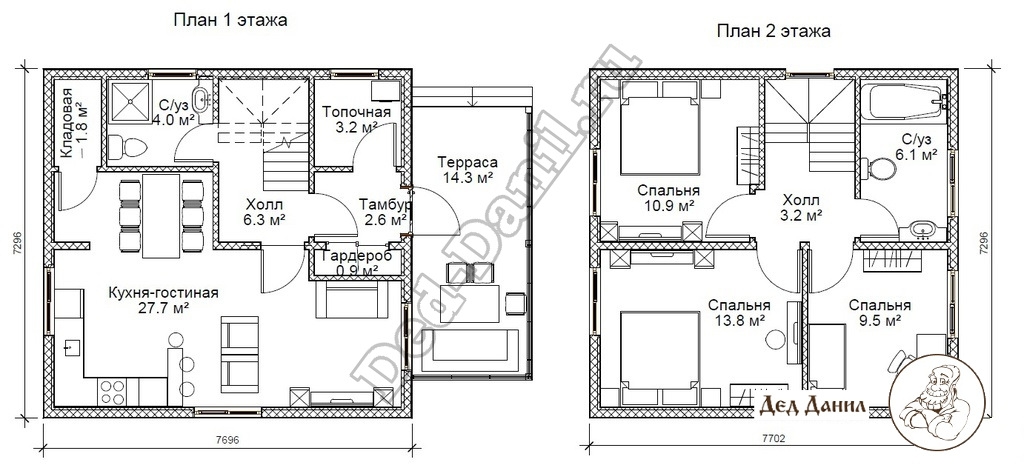 План двухэтажного каркасного дома площадью 90 м2