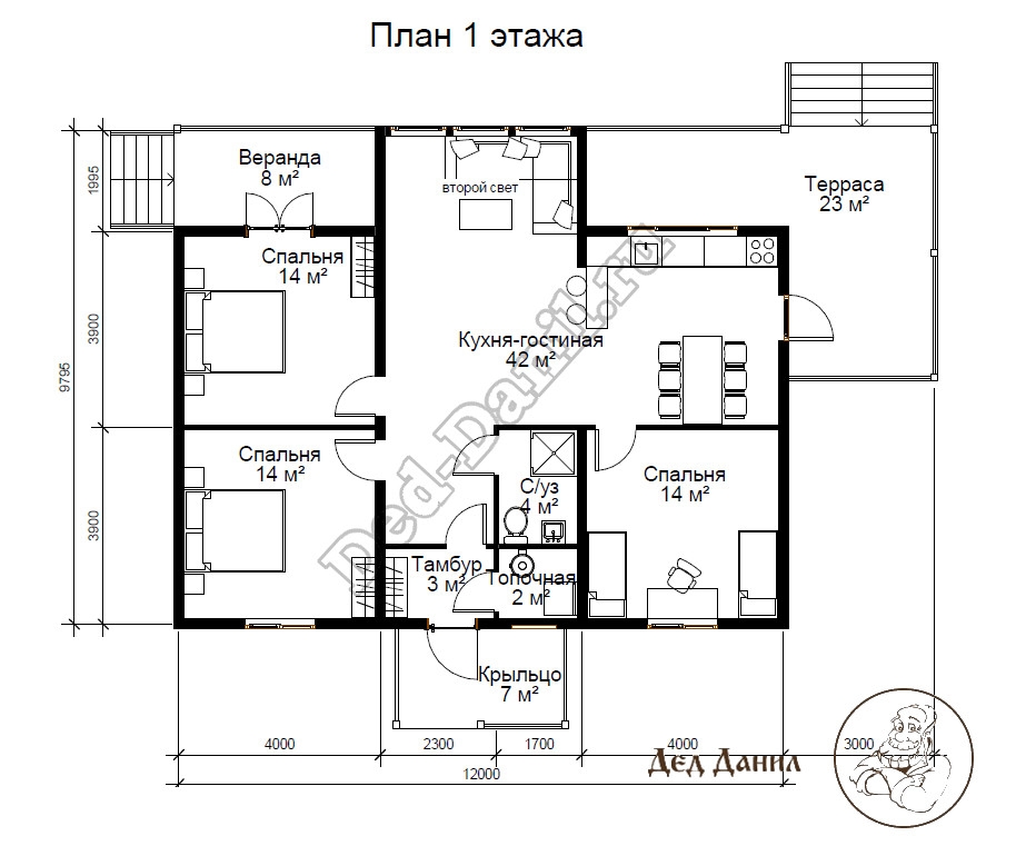 План одноэтажного каркасного дома от 90 м2