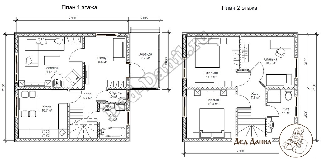 План двухэтажного каркасного дома 7,1 на 7,5 метра