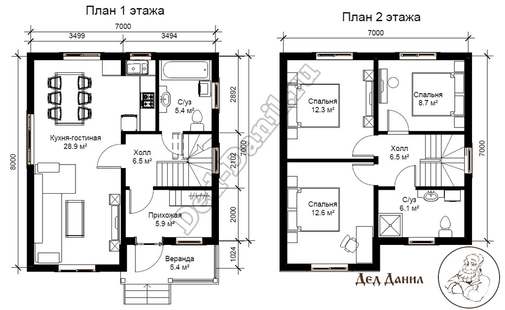 План 1 и 2 этажей каркасного дома 98,3 м2