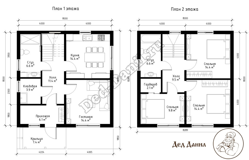 План 1 и 2 этажей двухэтажного каркасного дома 8 на 8 метров