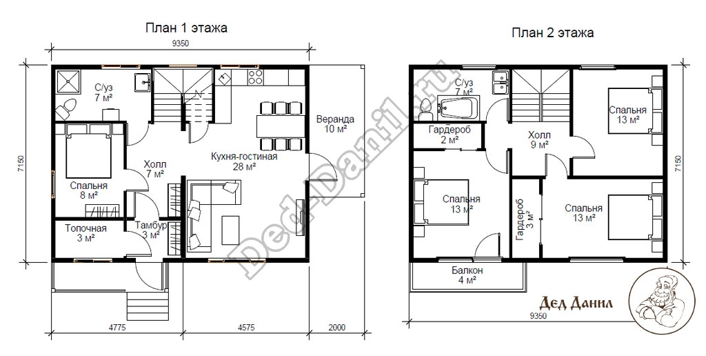 План двухэтажного каркасного дома 120 м2