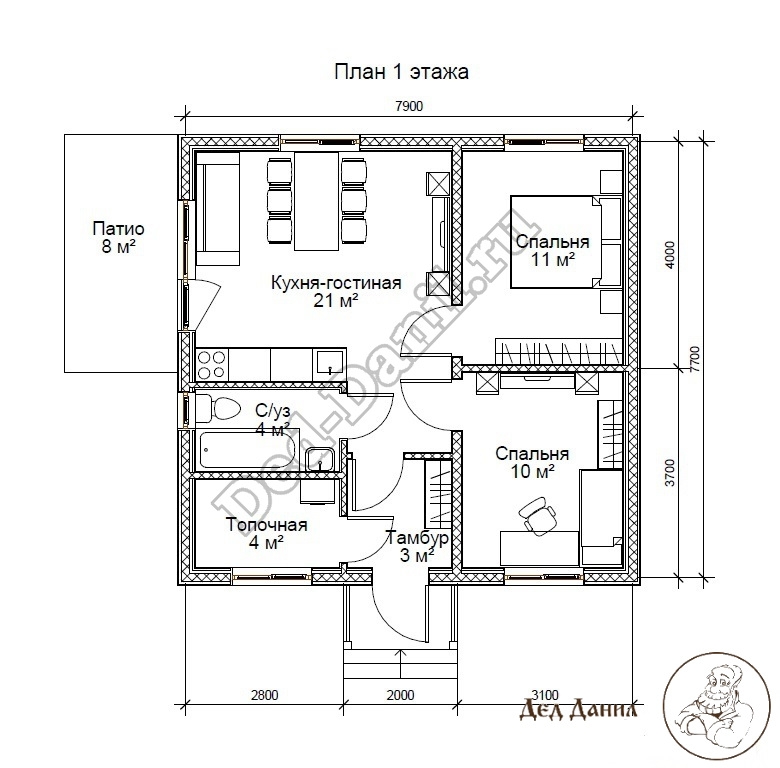 План каркасного дома площадью 53 м2