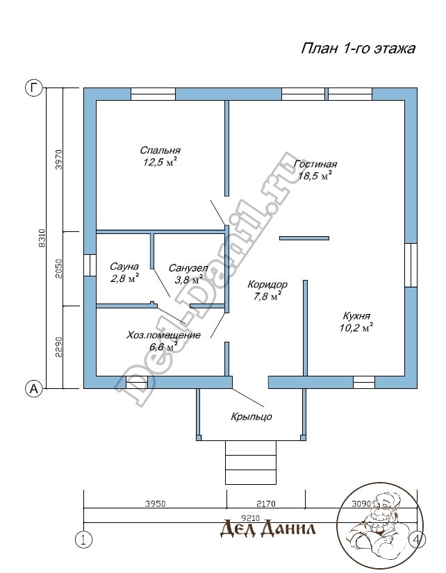 Планировка одноэтажного каркасного дома площадью 62,2 м2