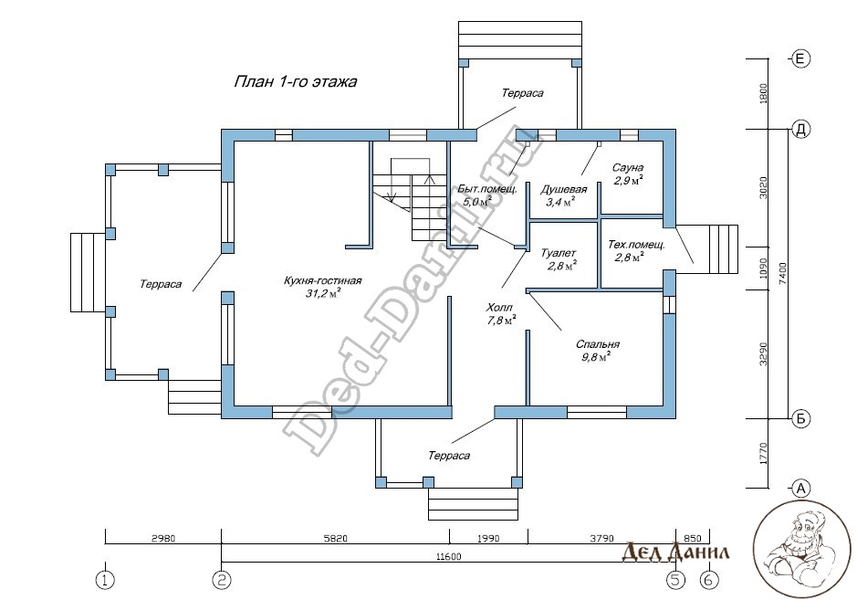 План 1 этажа каркасного дома с мансардой до 100 м2