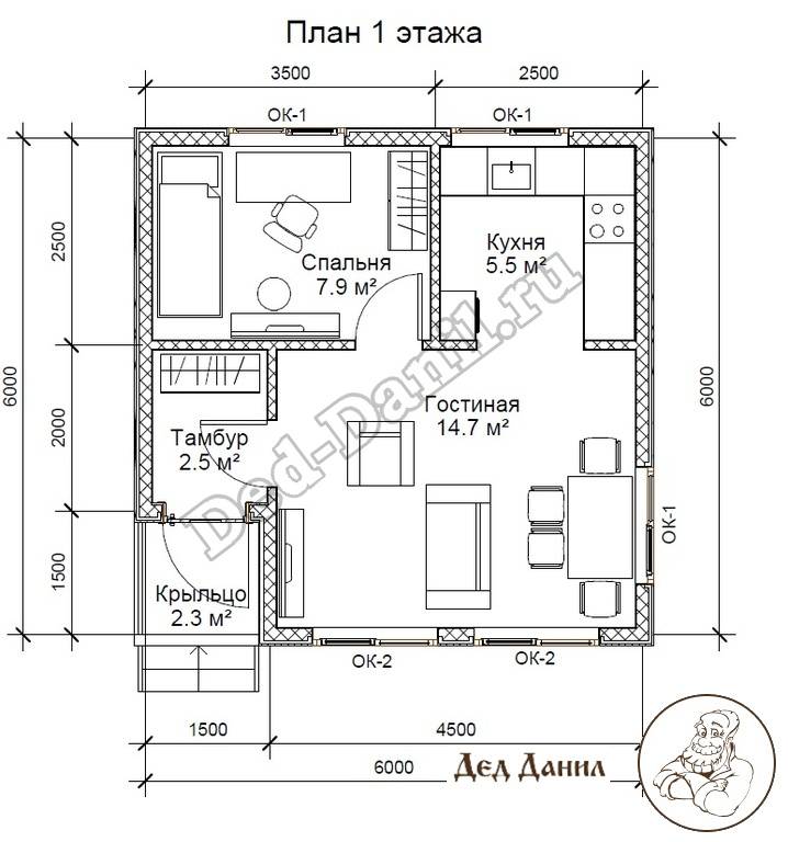 Планировка каркасного дома 6 на 6 метров - чертеж №2