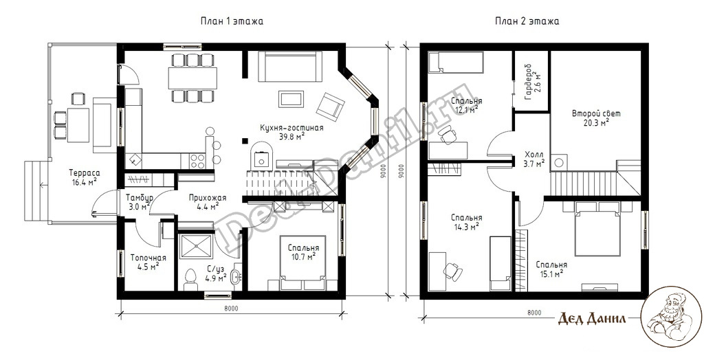 План дома двухэтажного каркасного дома 8 на 9 метров
